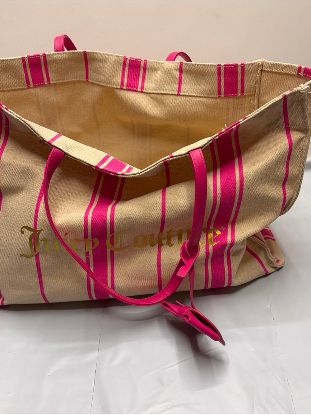 Juicy Couture Pink-Striped Canvas Tote Bag w bow beach bag shopper handbag